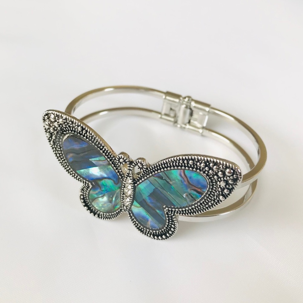 Butterfly Abalone Cuff Bangle Bracelet Silver Tone - Picture 2 of 5